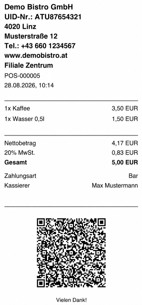 Fiskalisierter TopPos-Beleg mit Firmendaten, Positionen, MwSt.-Ausweis und RKSV-QR-Code